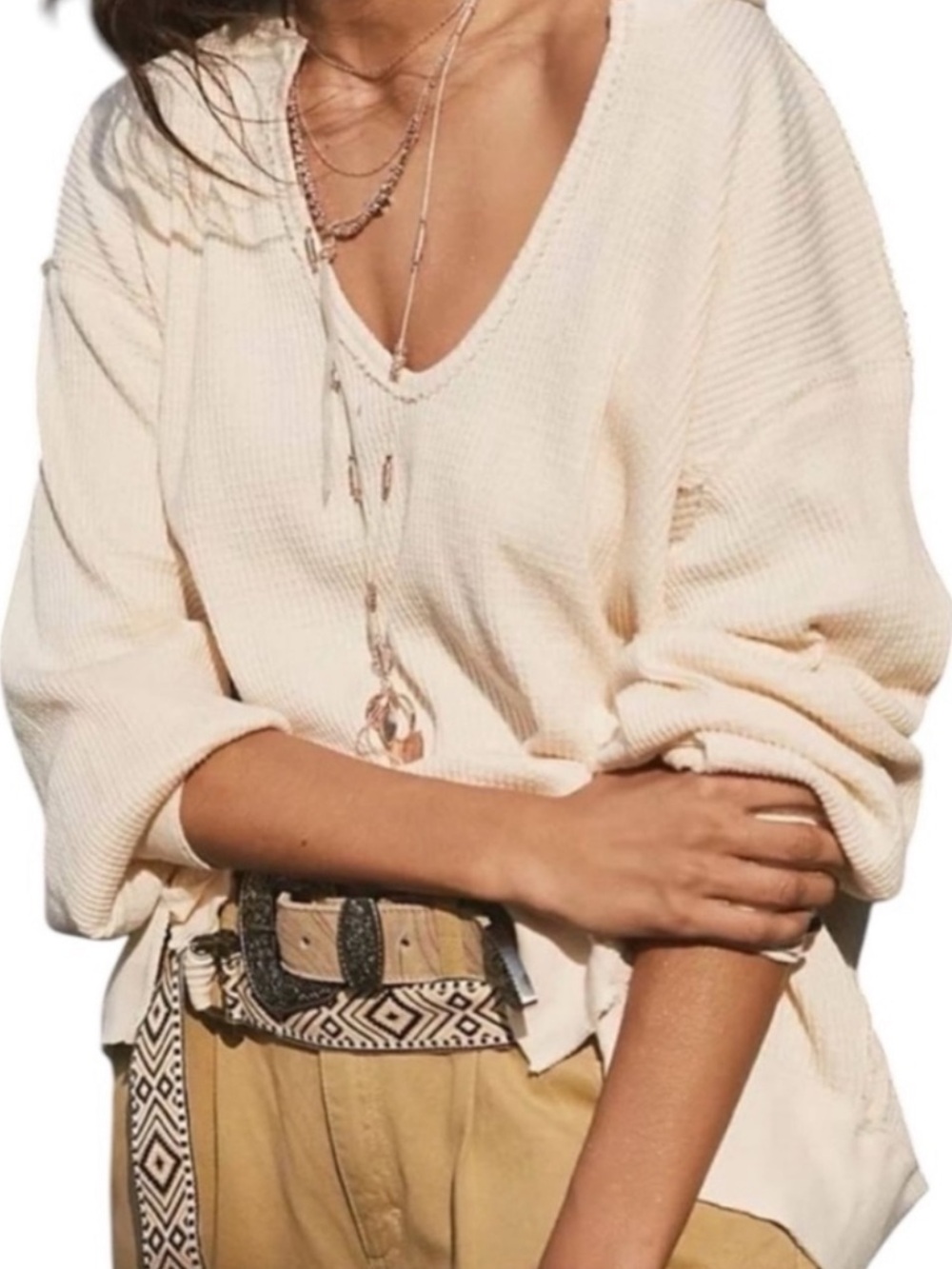 NWT Free People Santa Clara Slouchy Thermal Waffle Knit Top Cream Alabaster XS